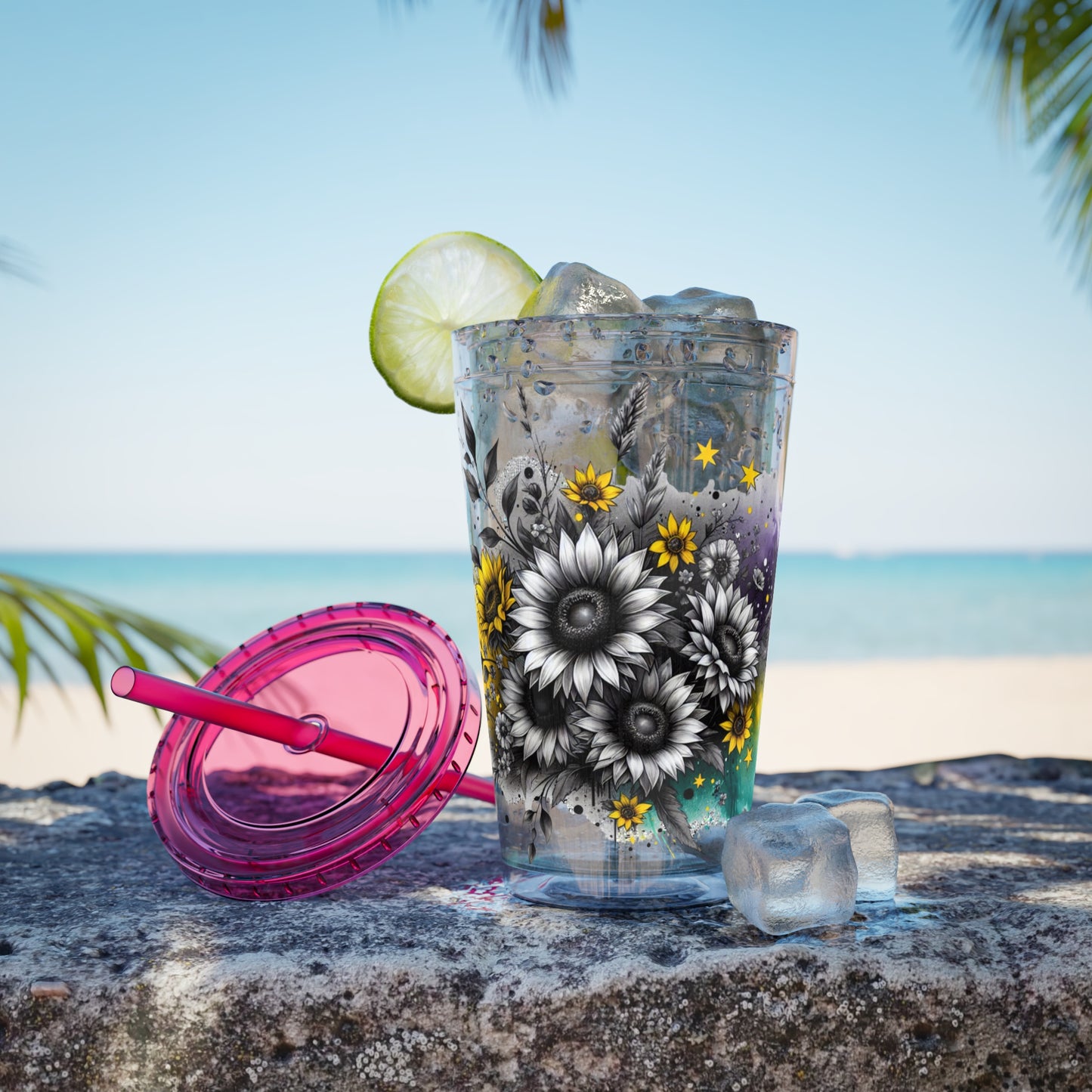 Colorful Floral Sunsplash Tumbler with Straw | 16oz Travel Cup