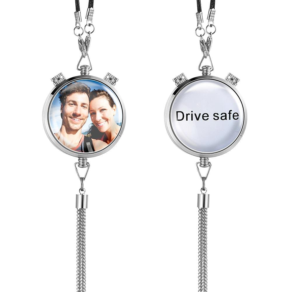 Custom photo car air freshener pendant with crystal design and 'Drive safe' text, personalized car gift.