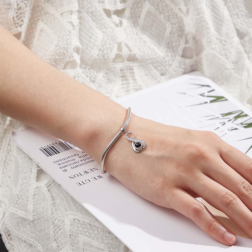 Custom Photo Projection Charm Bracelet. Sterling silver, infinite love design, a meaningful gift for her.