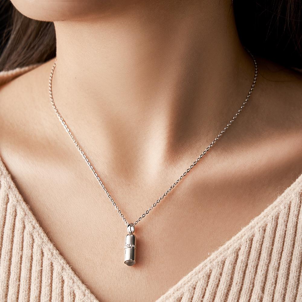 Silver pill pendant projection necklace, a perfect couple gift with photo inside, ideal for anniversary.