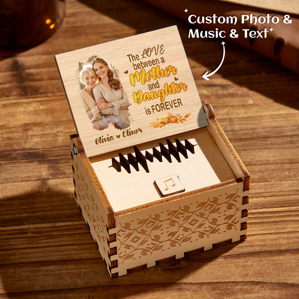 Personalized wooden photo music box for Mother's Day, featuring custom photo and engraved message, ideal gift