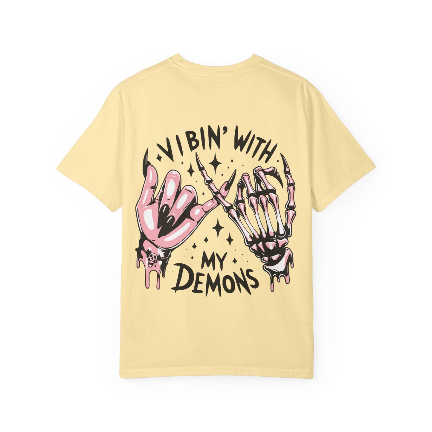 Vibing with My Demons Tee, Unisex Garment-Dyed T-Shirt, Casual Wear, Halloween Style, Gift for Friends, Grunge Fashion