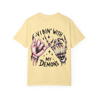 Vibing with My Demons Tee, Unisex Garment-Dyed T-Shirt, Casual Wear, Halloween Style, Gift for Friends, Grunge Fashion