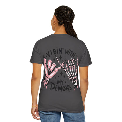 Vibing with My Demons Tee, Unisex Garment-Dyed T-Shirt, Casual Wear, Halloween Style, Gift for Friends, Grunge Fashion
