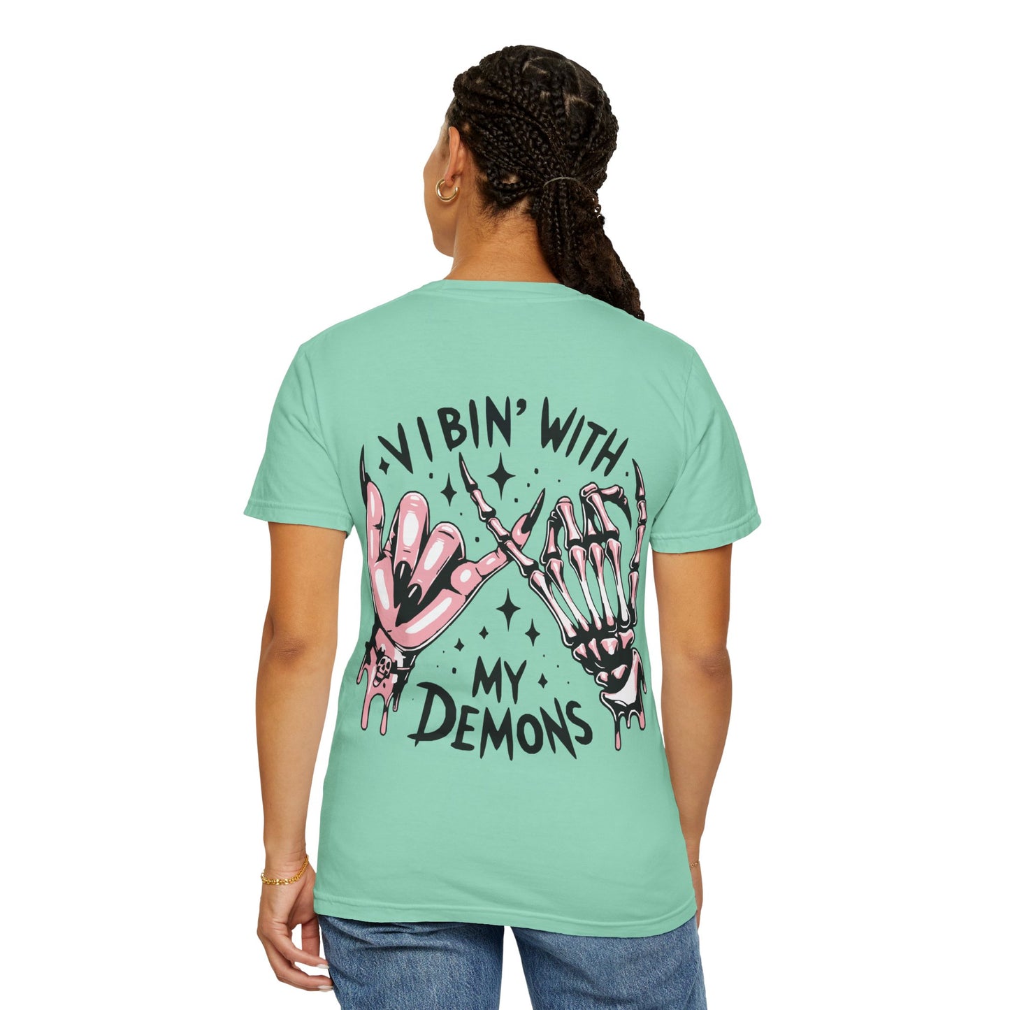 Vibing with My Demons Tee, Unisex Garment-Dyed T-Shirt, Casual Wear, Halloween Style, Gift for Friends, Grunge Fashion