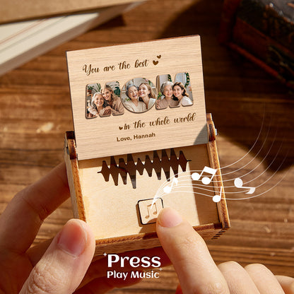 Personalized wooden photo music box playing 'You are the best' song, a heartwarming gift for Mom
