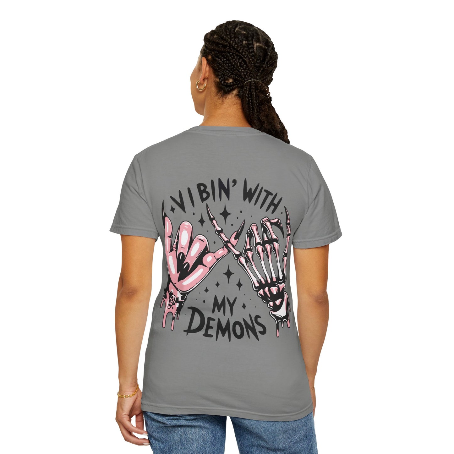 Vibing with My Demons Tee, Unisex Garment-Dyed T-Shirt, Casual Wear, Halloween Style, Gift for Friends, Grunge Fashion