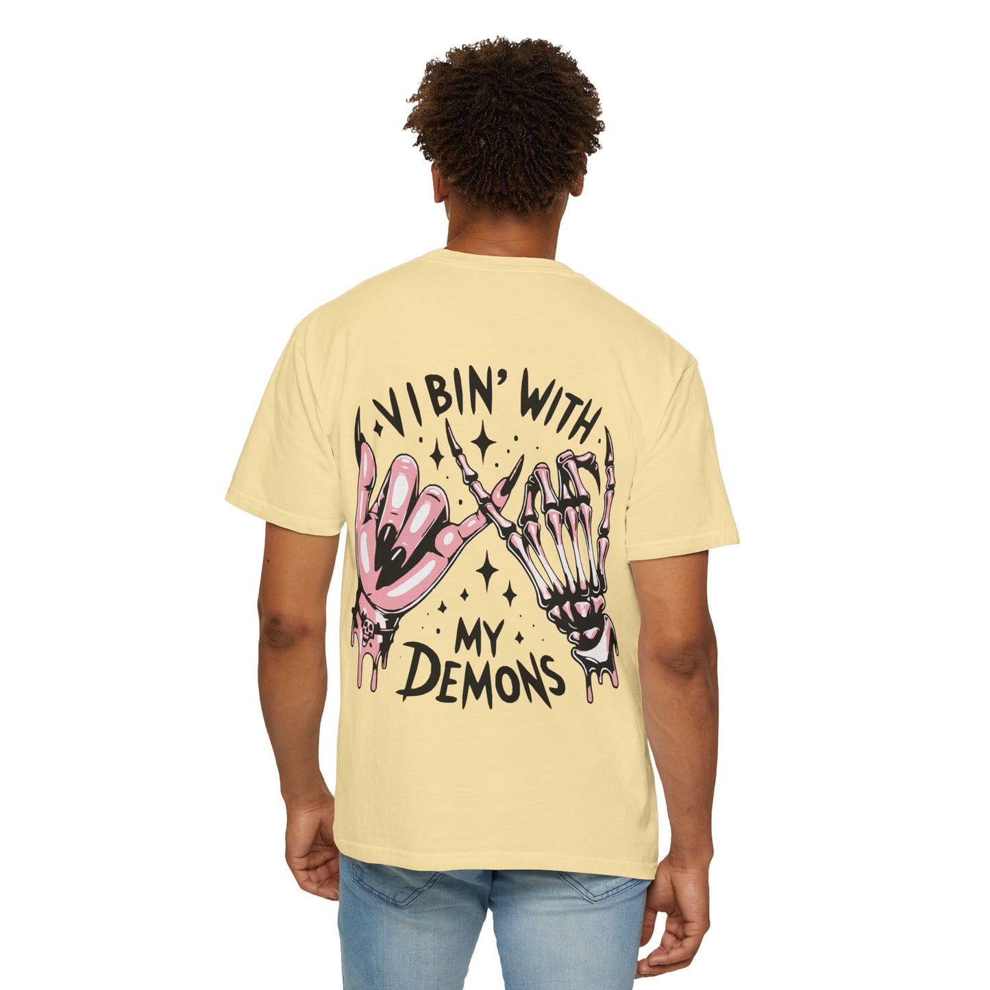 Vibing with My Demons Tee, Unisex Garment-Dyed T-Shirt, Casual Wear, Halloween Style, Gift for Friends, Grunge Fashion