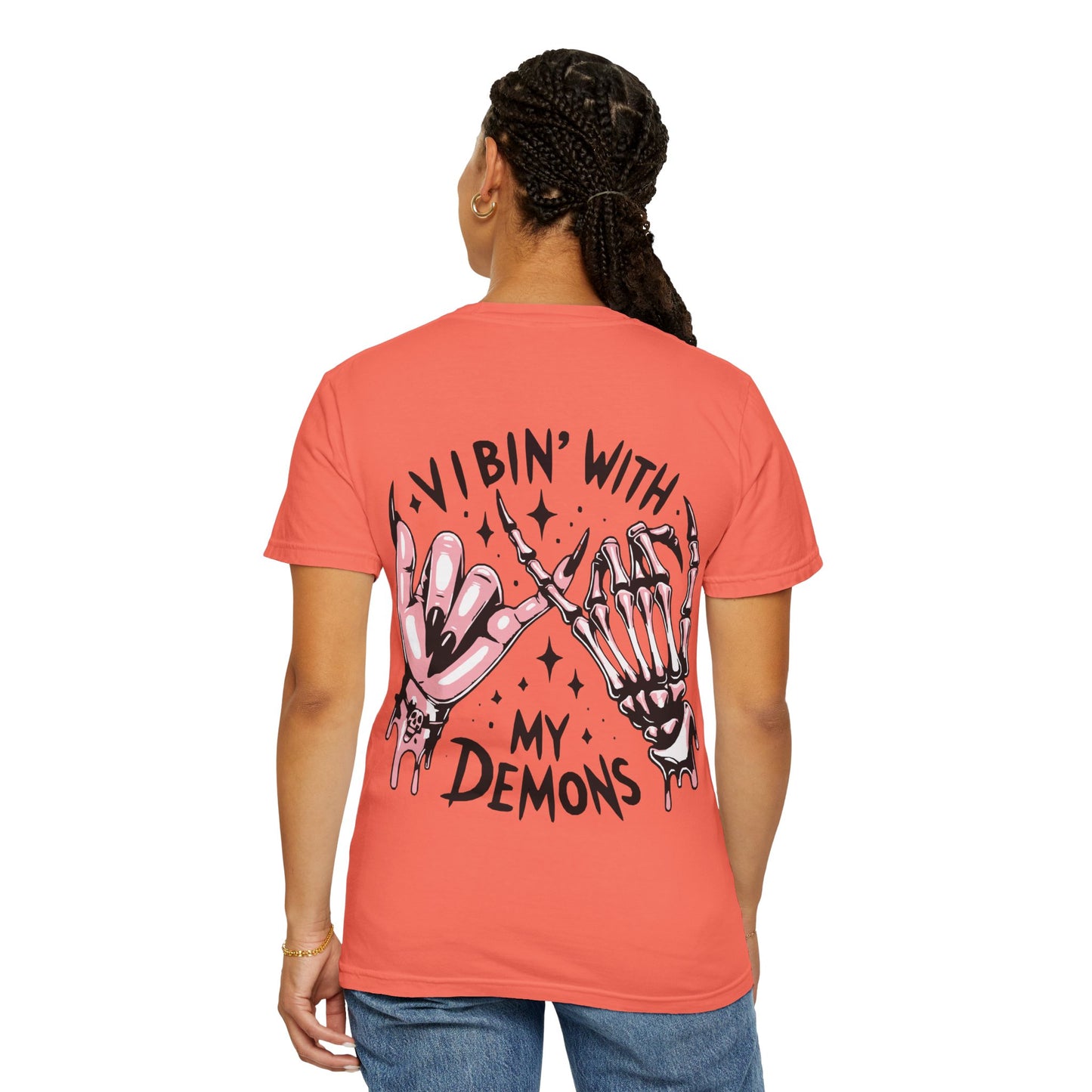 Vibing with My Demons Tee, Unisex Garment-Dyed T-Shirt, Casual Wear, Halloween Style, Gift for Friends, Grunge Fashion
