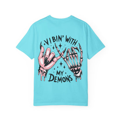 Vibing with My Demons Tee, Unisex Garment-Dyed T-Shirt, Casual Wear, Halloween Style, Gift for Friends, Grunge Fashion