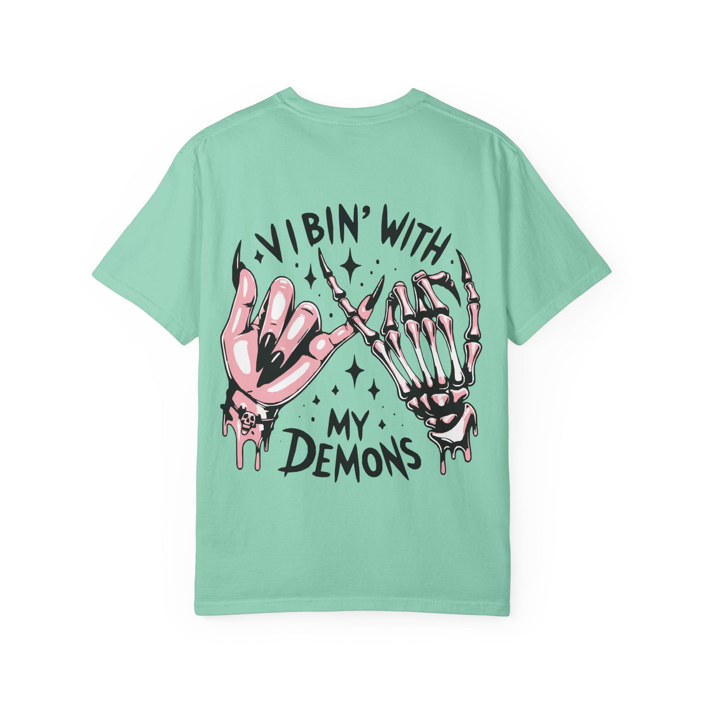 Vibing with My Demons Tee, Unisex Garment-Dyed T-Shirt, Casual Wear, Halloween Style, Gift for Friends, Grunge Fashion