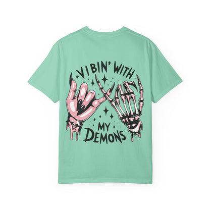 Vibing with My Demons Tee, Unisex Garment-Dyed T-Shirt, Casual Wear, Halloween Style, Gift for Friends, Grunge Fashion