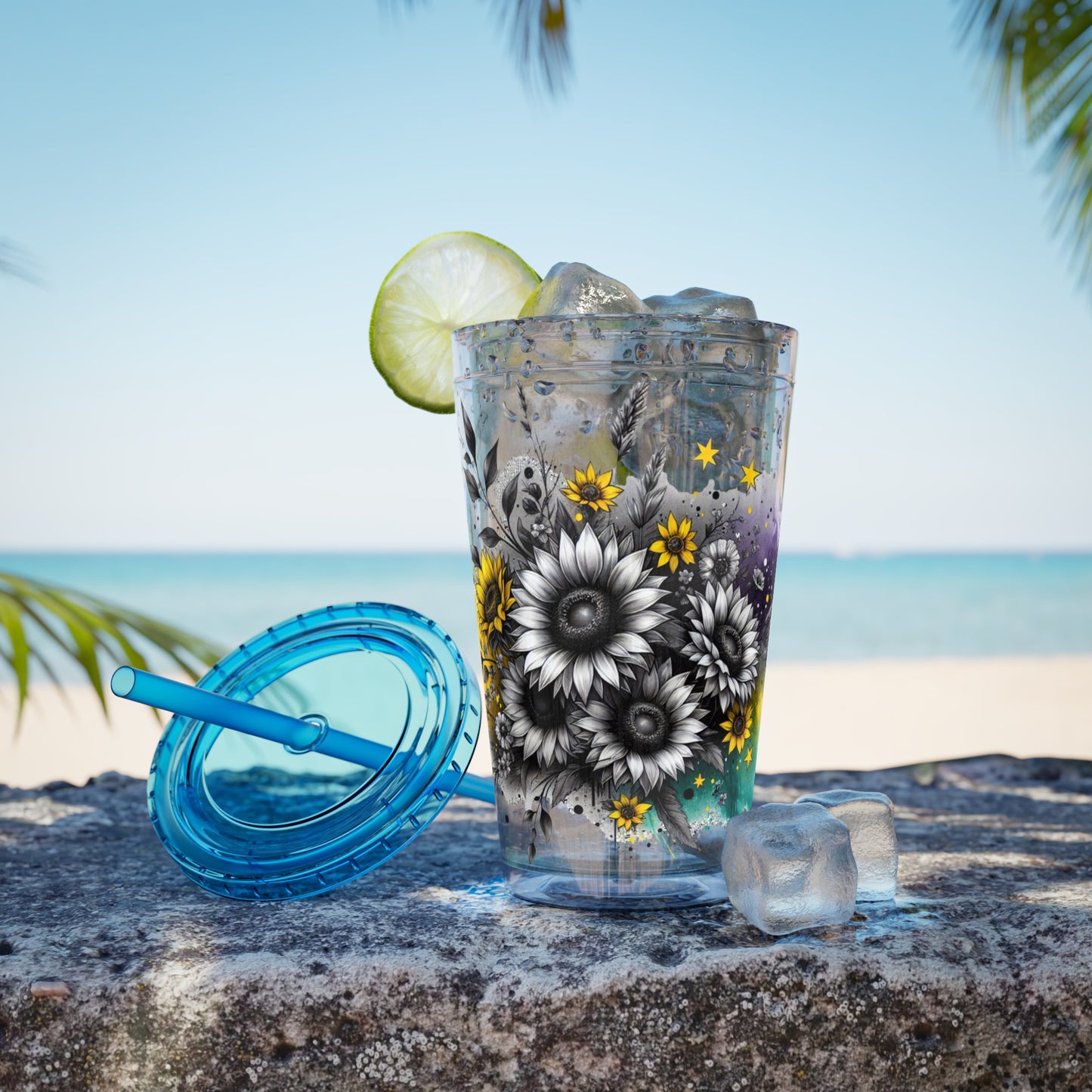 Colorful Floral Sunsplash Tumbler with Straw | 16oz Travel Cup