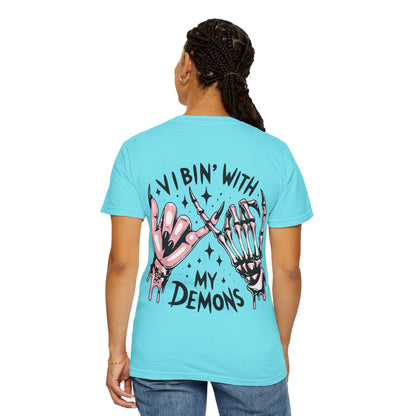 Vibing with My Demons Tee, Unisex Garment-Dyed T-Shirt, Casual Wear, Halloween Style, Gift for Friends, Grunge Fashion