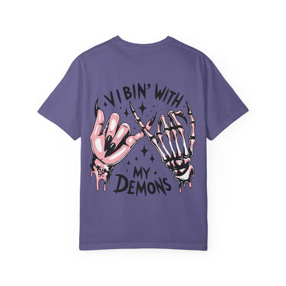 Vibing with My Demons Tee, Unisex Garment-Dyed T-Shirt, Casual Wear, Halloween Style, Gift for Friends, Grunge Fashion