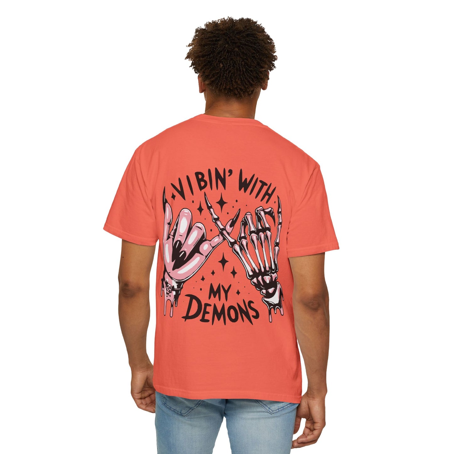 Vibing with My Demons Tee, Unisex Garment-Dyed T-Shirt, Casual Wear, Halloween Style, Gift for Friends, Grunge Fashion