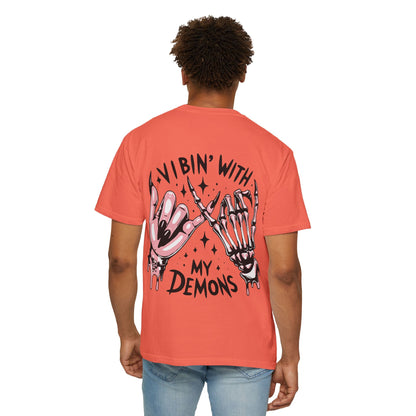 Vibing with My Demons Tee, Unisex Garment-Dyed T-Shirt, Casual Wear, Halloween Style, Gift for Friends, Grunge Fashion