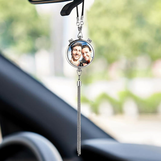 Custom photo air freshener crystal pendant with 'Drive Safe' text in car, a personalized gift