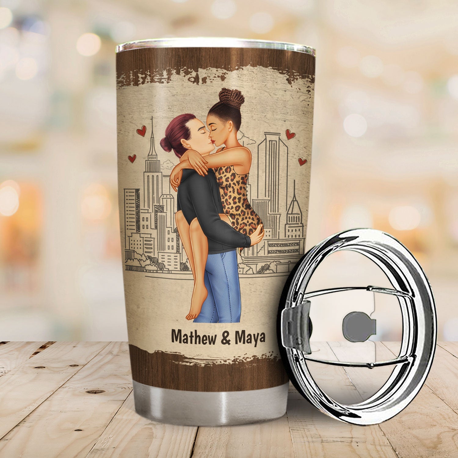 Personalized Kissing Couple Tumbler - Stainless steel thermos with lid, ideal gift for couples with custom names.