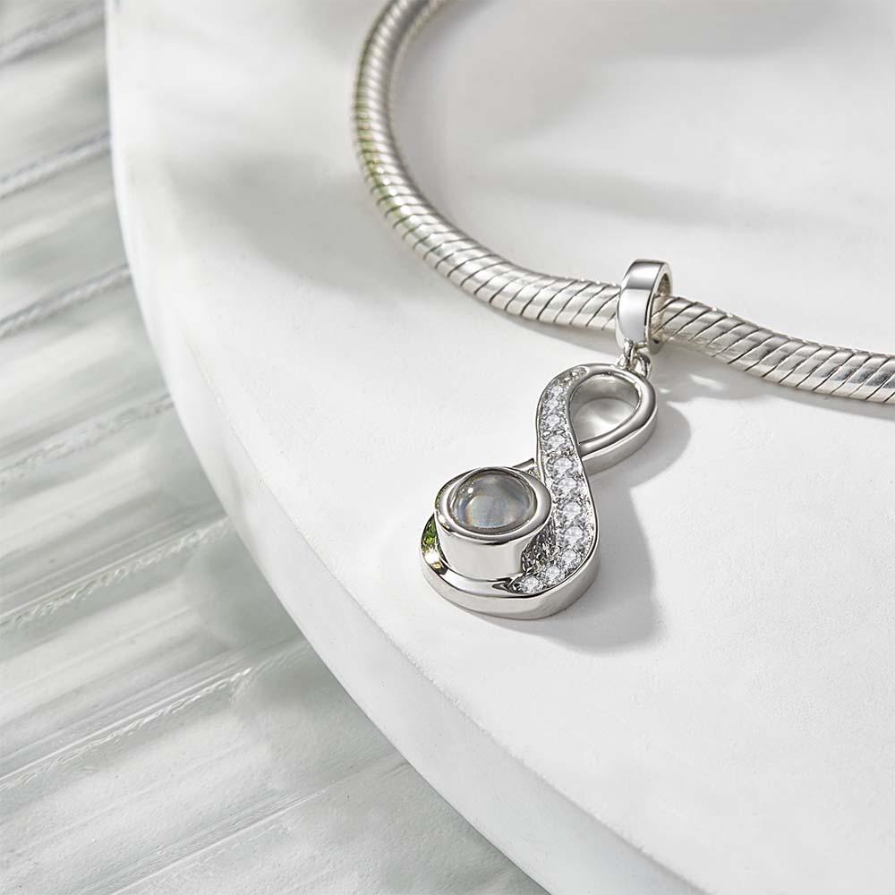 Infinite Love Photo Projection Charm Necklace. Sterling silver pendant for a meaningful gift.