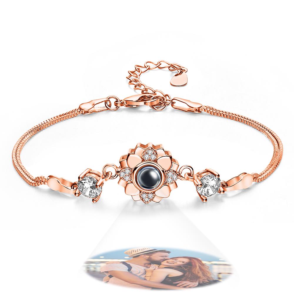 Rose Gold Photo Projection Bracelet with Flower Design, Romantic Gift for Girlfriend