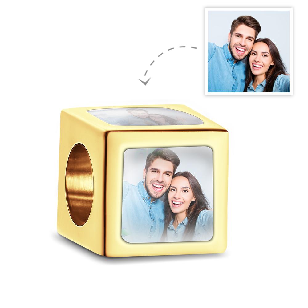 Gold-colored square copper charm with custom photos on each side, a creative personalized gift for women