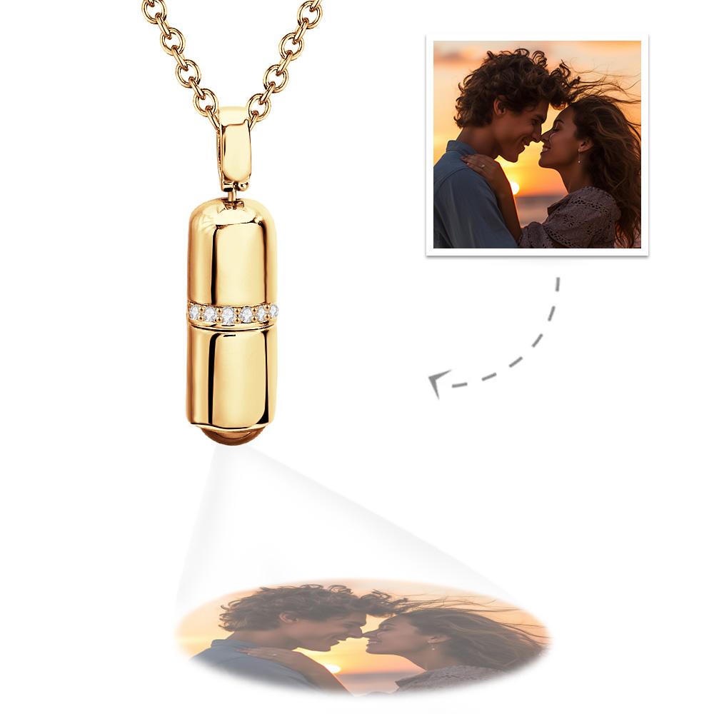 Gold Custom Projection Necklace, projecting couple photo, ideal romantic couple gift. Anniversary Jewelry.