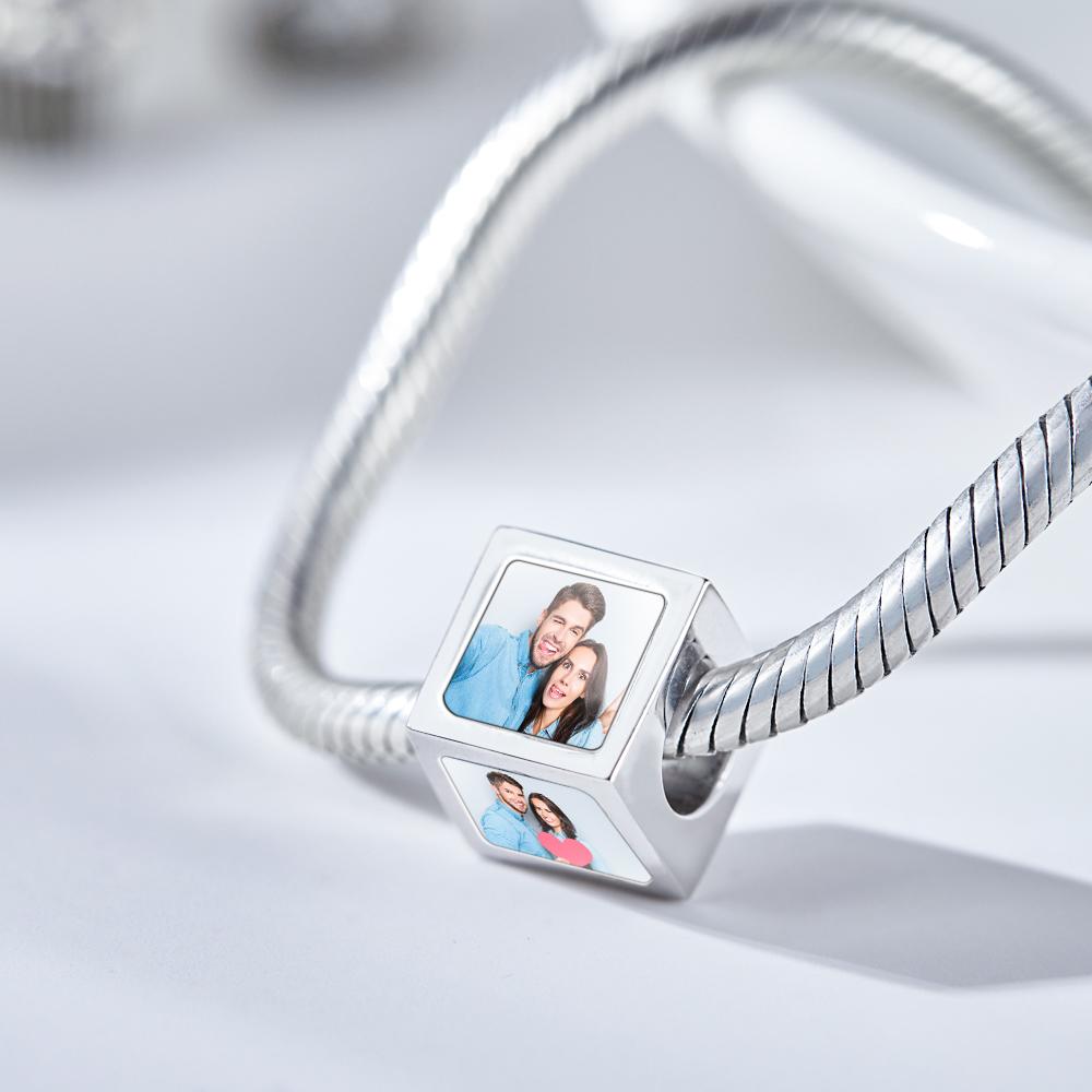 Custom four-sided photo charm, square copper charm with personalized photos, perfect gift for women.