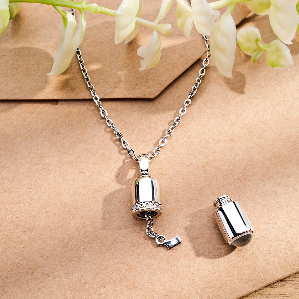 Personalized silver pill pendant projection necklace, couple gift with photo inside. Anniversary jewelry.