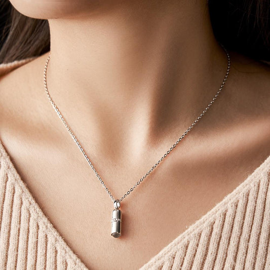 Silver pill pendant projection necklace, a perfect couple gift with photo inside, ideal for anniversary.