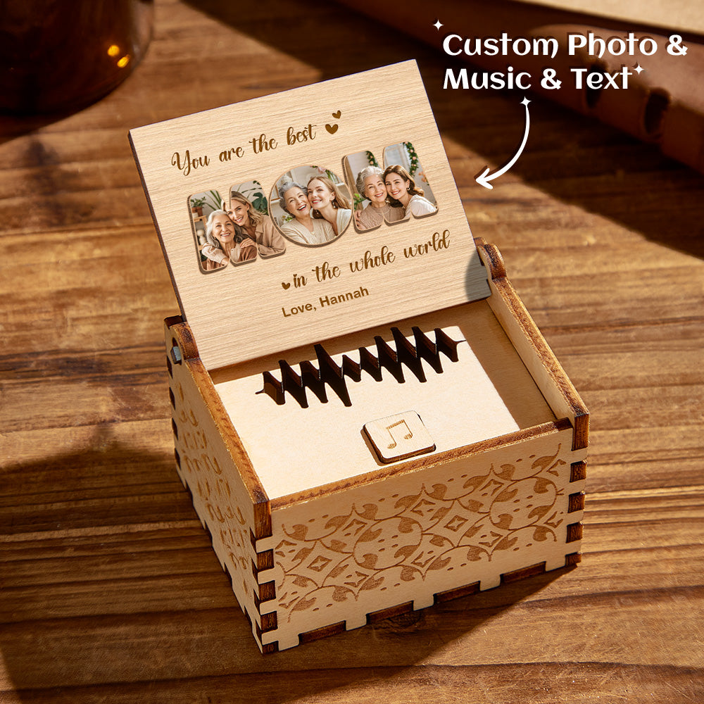 Custom Photo Music Box for Mom. Personalized wooden music box with photo and heartfelt message.