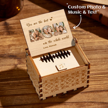Custom Photo Music Box for Mom. Personalized wooden music box with photo and heartfelt message.