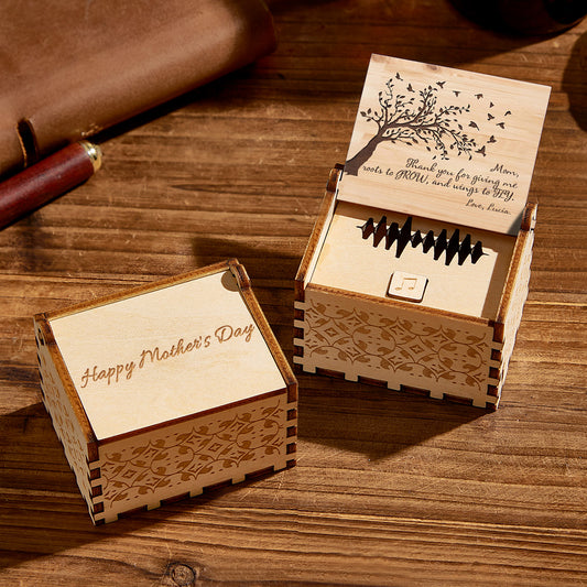 Personalized wooden music box with a laser-engraved tree design, perfect gift for Mother's Day